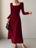 SHEIN EastFlair Korean Fashion Women's Red Holiday Party Ruched Waist Elegant Long Sleeve Long Dress