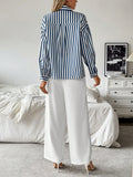 SHEIN Raffinéa Striped Collar Casual Shirt And White Straight-Leg Pants Combination