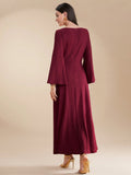 SHEIN Modely Burgundy Red Ladies' Solid Color Simple Arabian Daily Modest Long Sleeve Dress