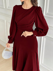 SHEIN Modely Burgundy Red Women Solid Color Round Neck Lantern Sleeve Pleated Elegant Mid-Length Dress