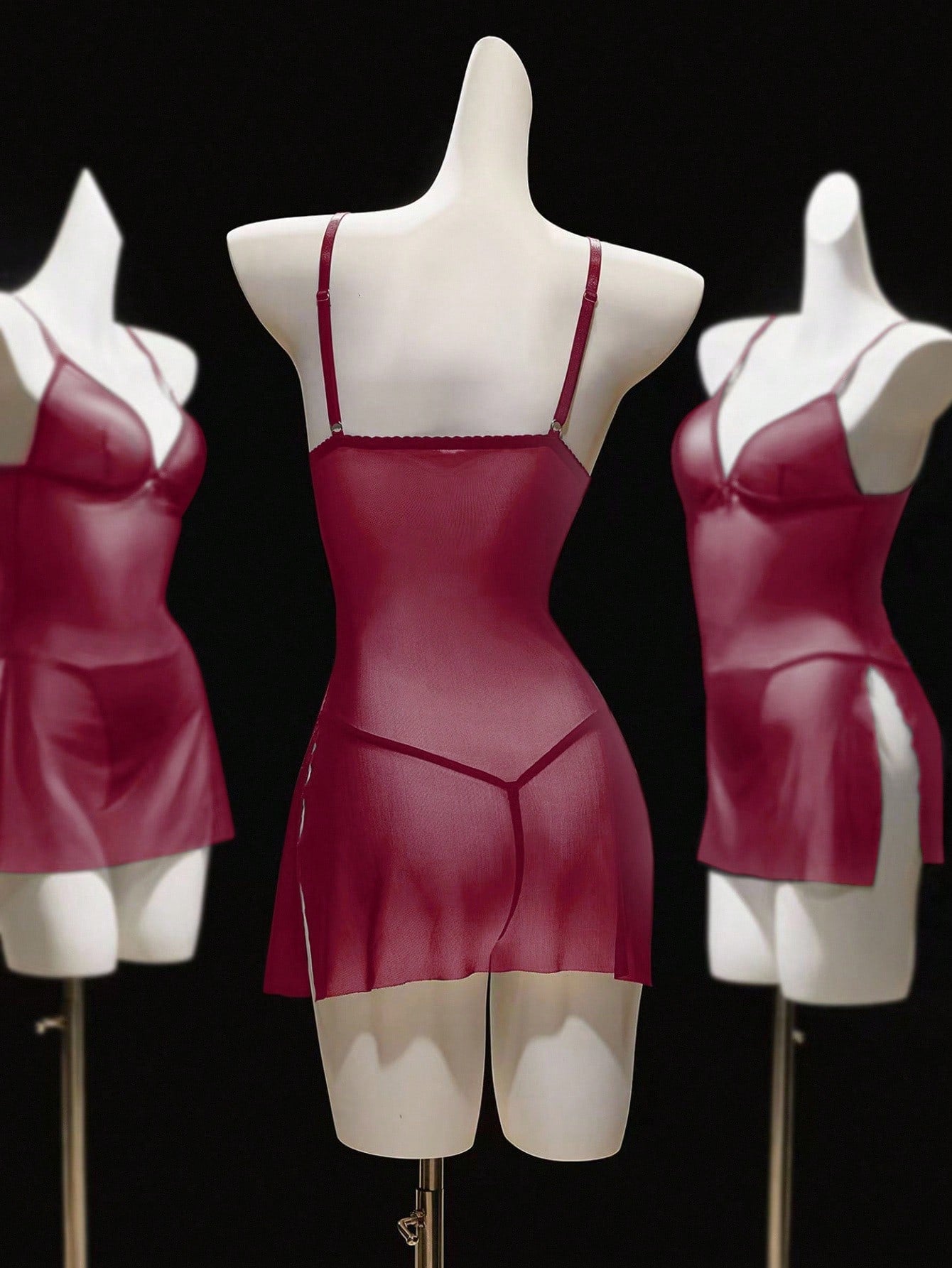 Seduluxe 2pcs/Set Women's Sexy Wireless Mesh Lingerie Cami Red Lingerie Dress