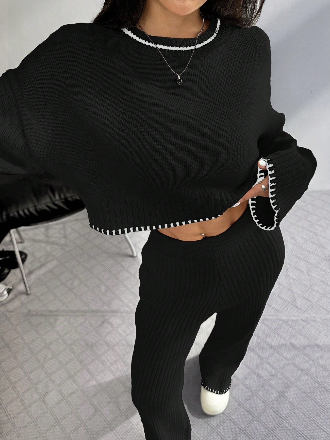 SHEIN EZwear Women's Dropped Shoulder Long Sleeve Sweater And Flared Pants Casual 2 Pieces Set