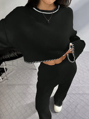SHEIN EZwear Women's Dropped Shoulder Long Sleeve Sweater And Flared Pants Casual 2 Pieces Set