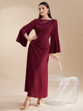 SHEIN Modely Burgundy Red Ladies' Solid Color Simple Arabian Daily Modest Long Sleeve Dress