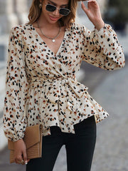SHEIN Clasi Allover Print Lantern Sleeve Belted Peplum Blouse