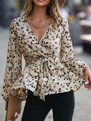 SHEIN Clasi Allover Print Lantern Sleeve Belted Peplum Blouse