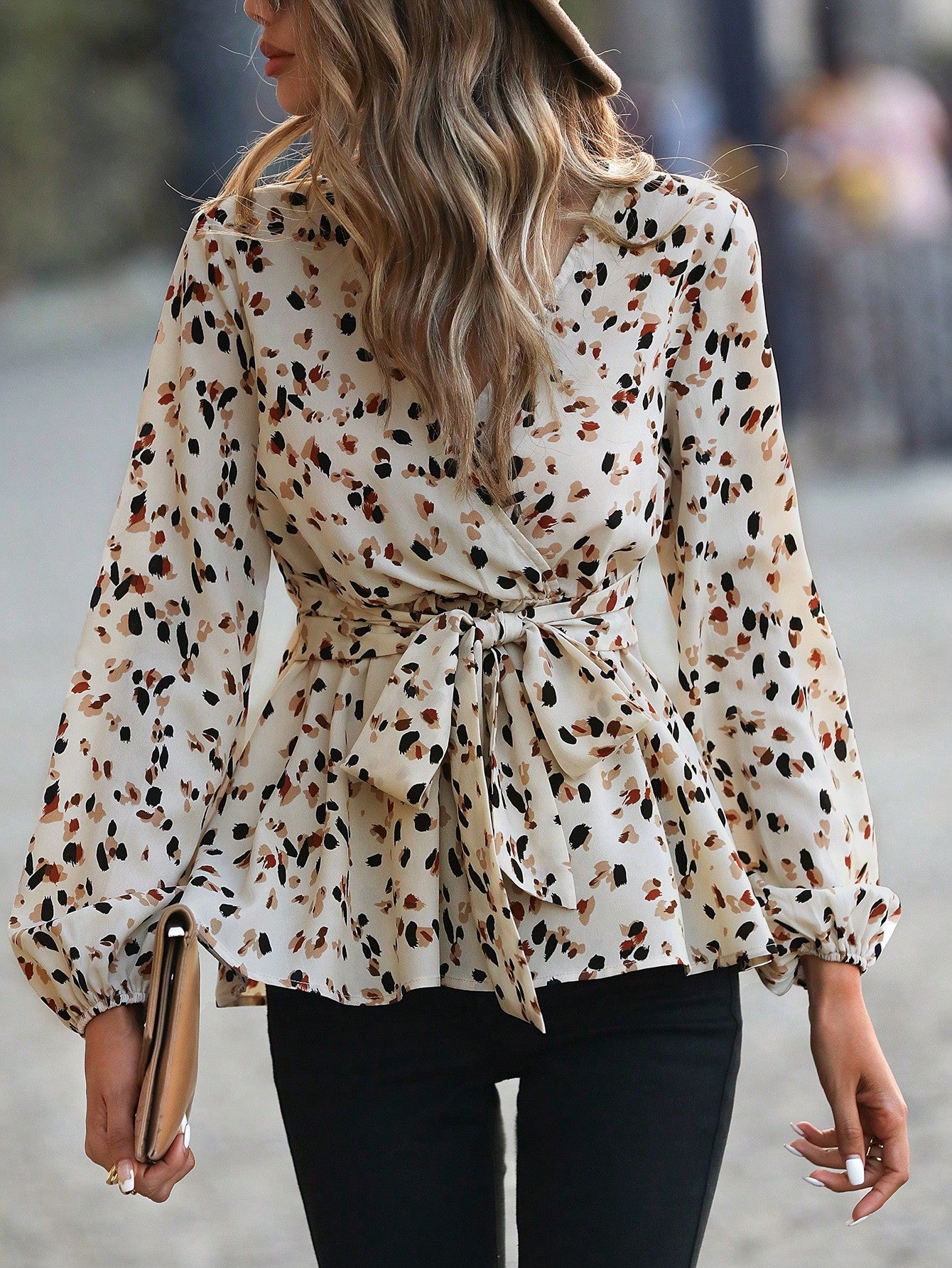 SHEIN Clasi Allover Print Lantern Sleeve Belted Peplum Blouse
