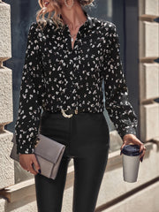 SHEIN Clasi Allover Print Notch Neck Blouse, Long Sleeve Tops