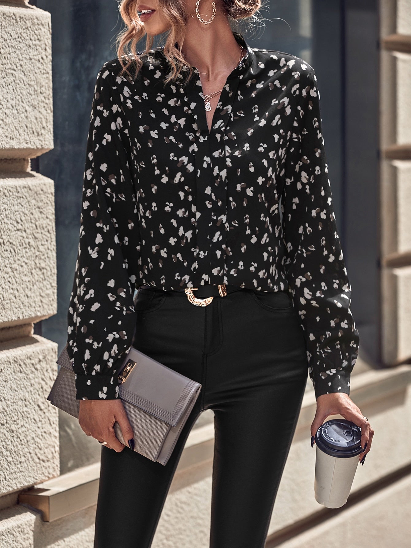 SHEIN Clasi Allover Print Notch Neck Blouse, Long Sleeve Tops