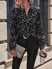 SHEIN Clasi Allover Print Notch Neck Blouse, Long Sleeve Tops