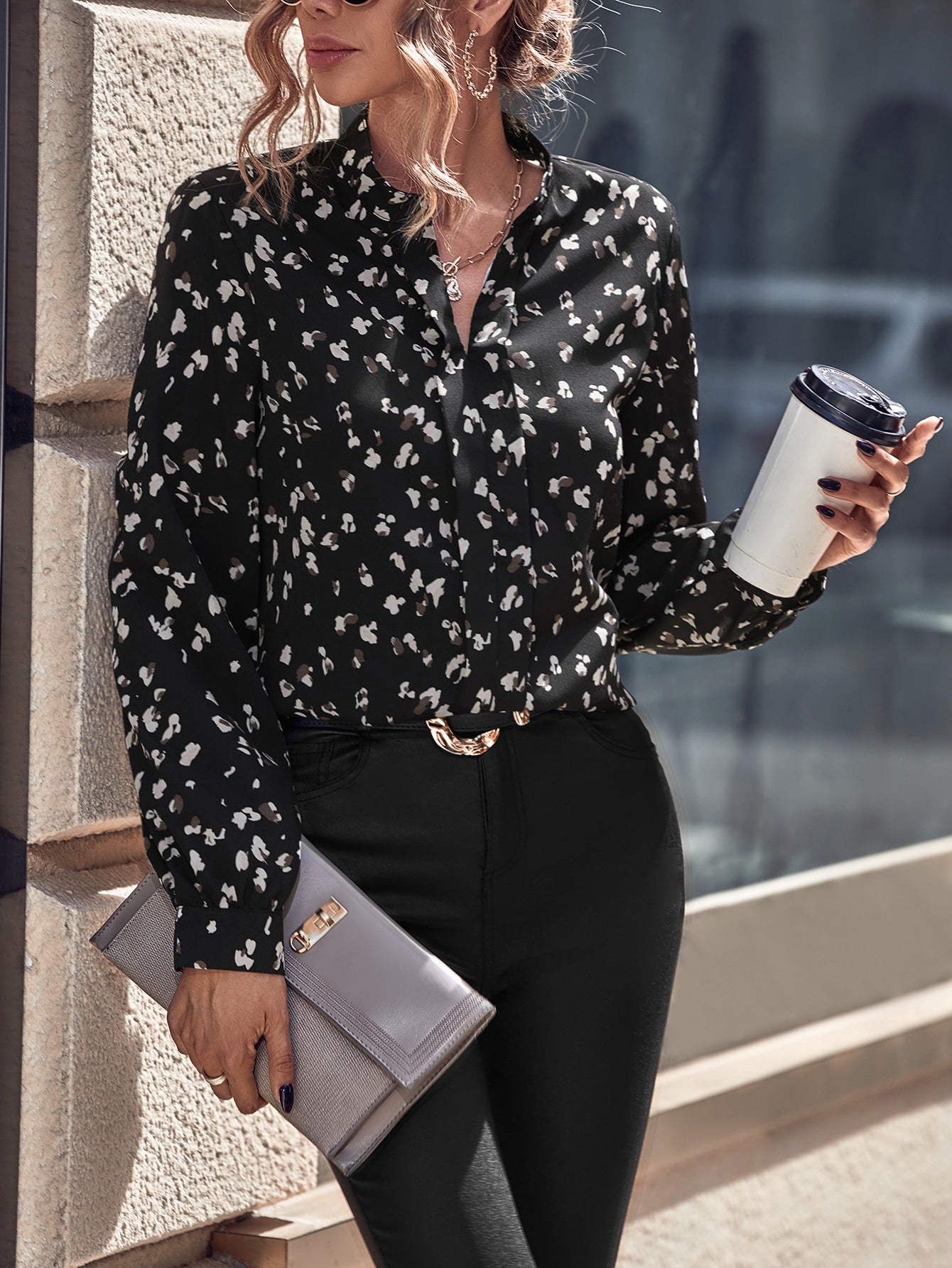 SHEIN Clasi Allover Print Notch Neck Blouse, Long Sleeve Tops