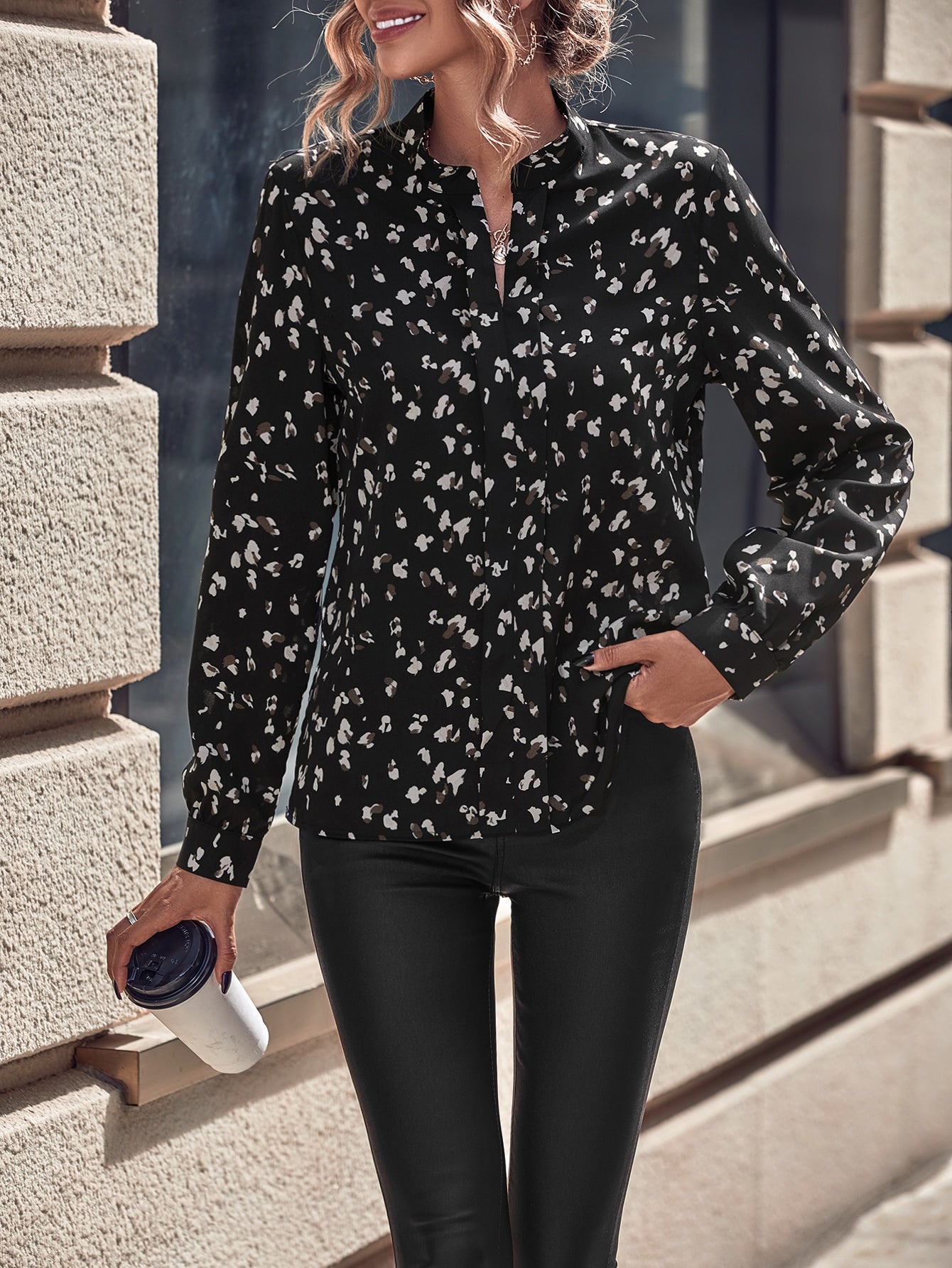 SHEIN Clasi Allover Print Notch Neck Blouse, Long Sleeve Tops