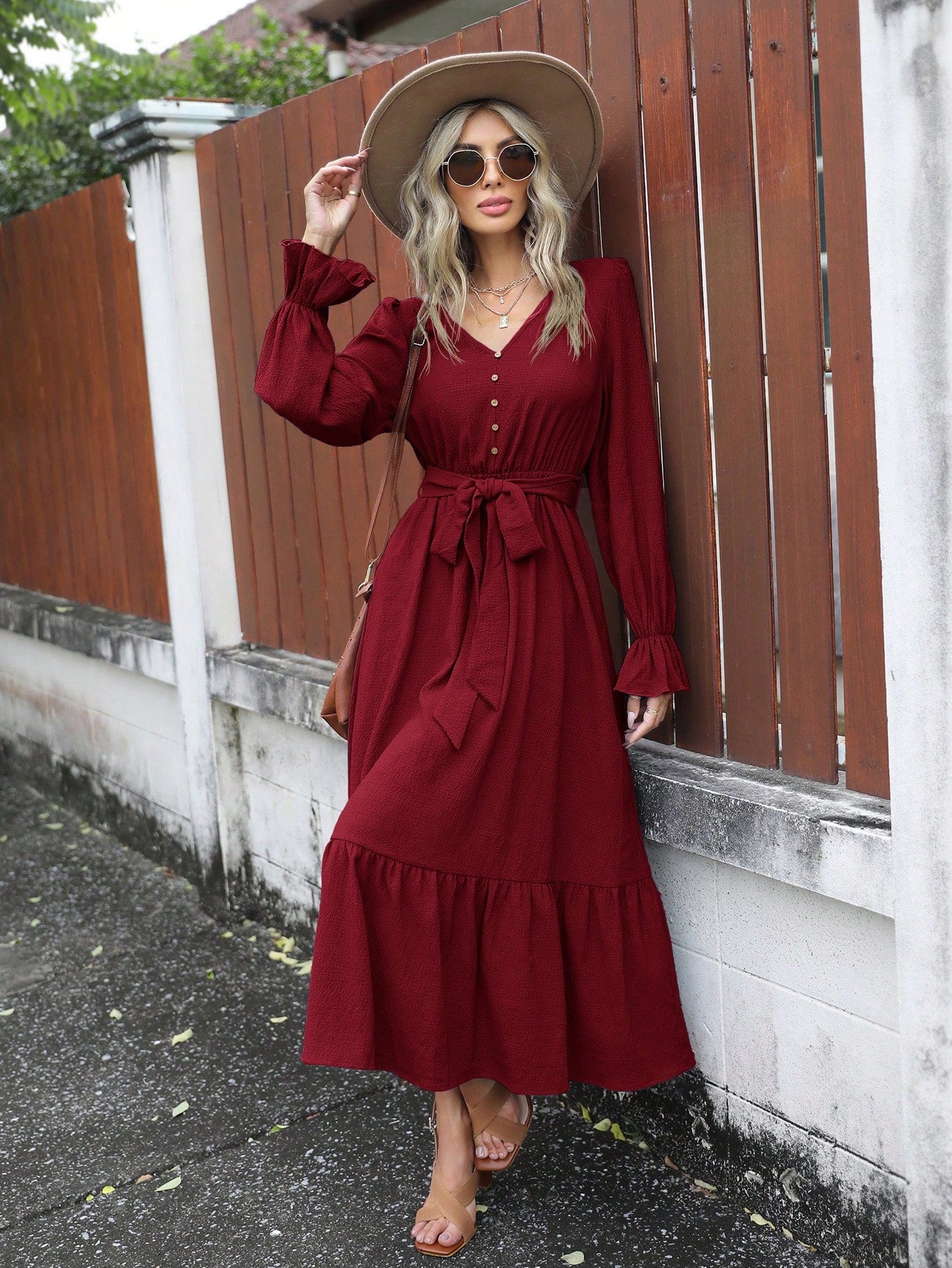 SHEIN Clasi Flounce Sleeve Ruffle Hem Belted Dress