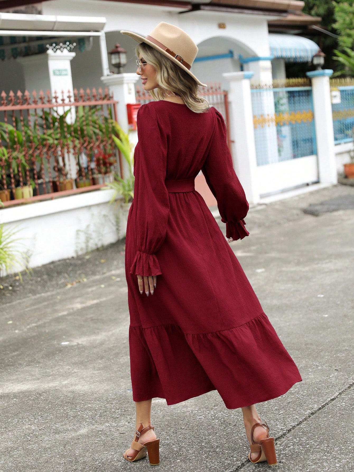SHEIN Clasi Flounce Sleeve Ruffle Hem Belted Dress