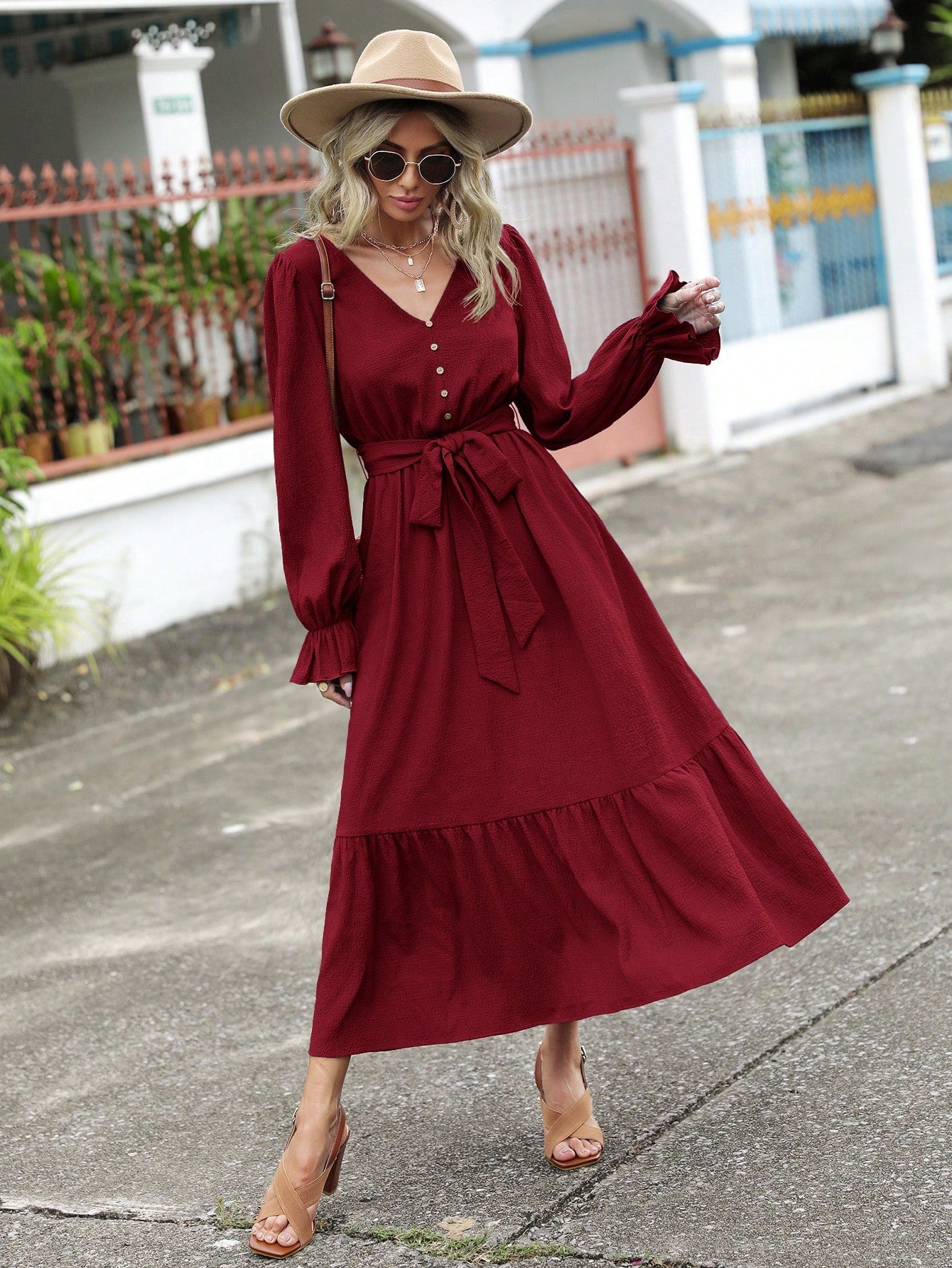 SHEIN Clasi Flounce Sleeve Ruffle Hem Belted Dress