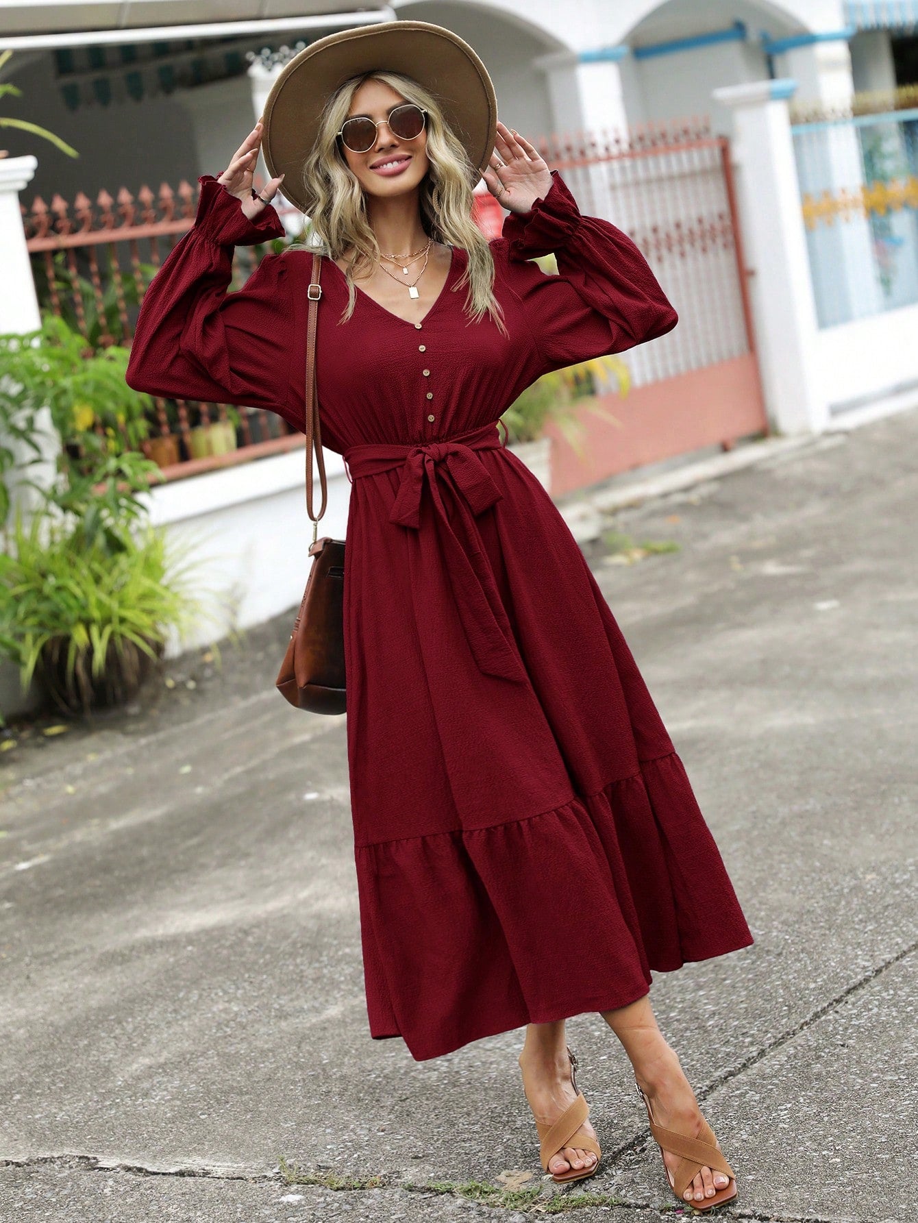SHEIN Clasi Flounce Sleeve Ruffle Hem Belted Dress