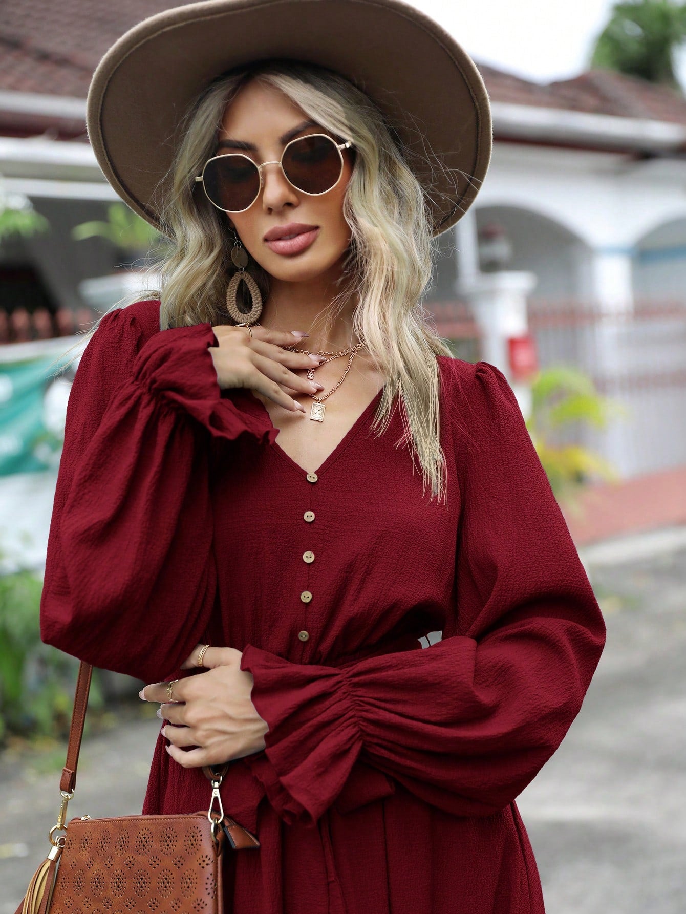 SHEIN Clasi Flounce Sleeve Ruffle Hem Belted Dress