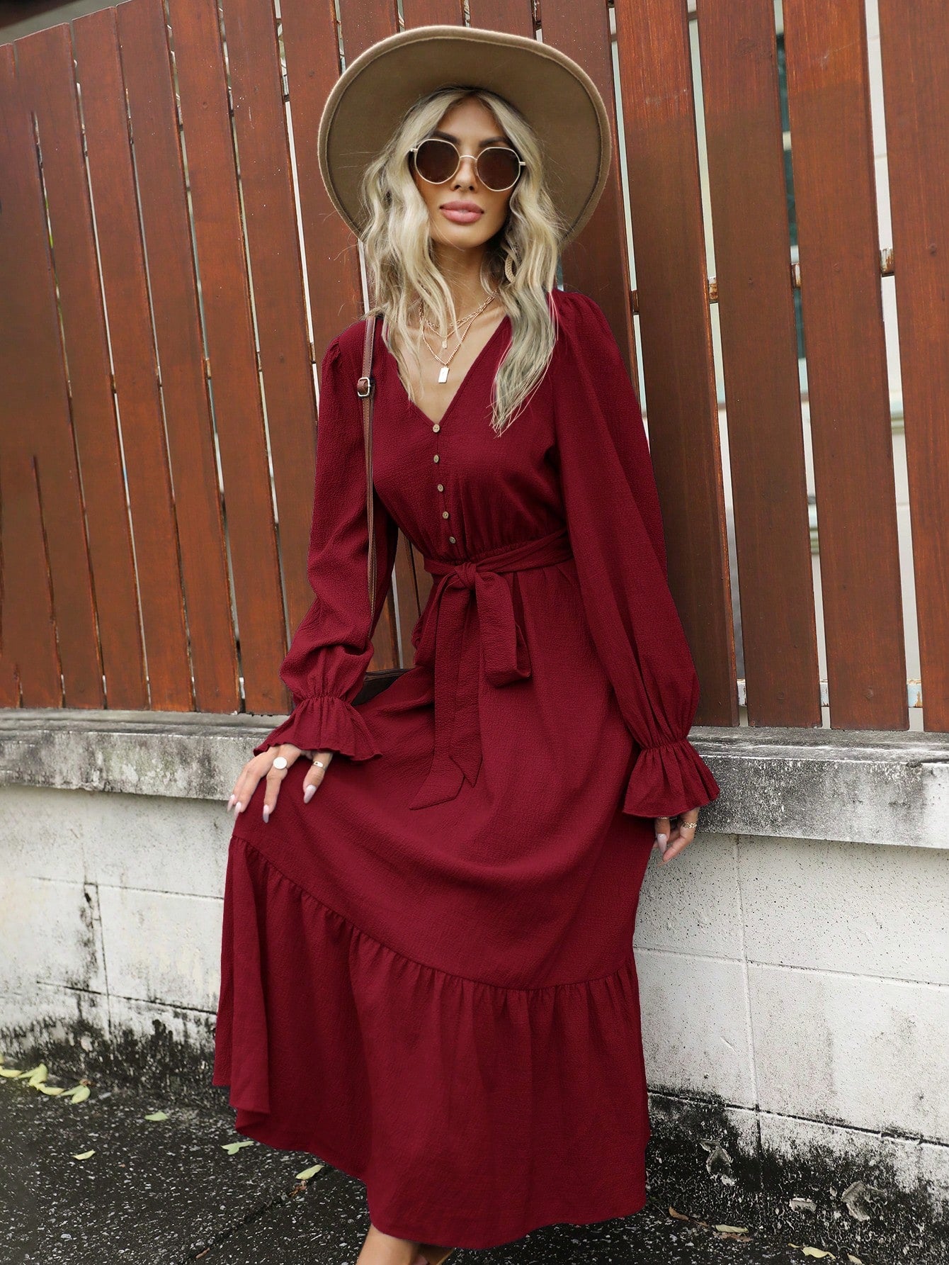 SHEIN Clasi Flounce Sleeve Ruffle Hem Belted Dress