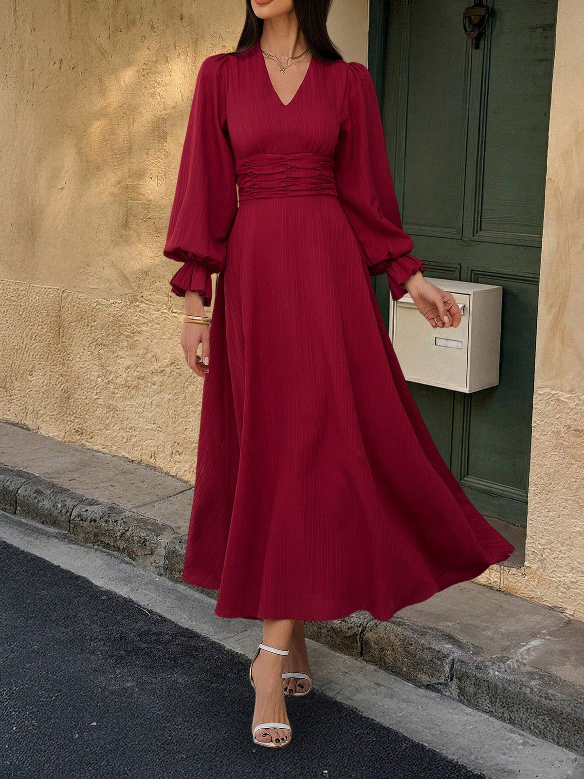 SHEIN Clasi V-Neck Waist Gathered A-Line Ruffle Hem Long Sleeve Dress