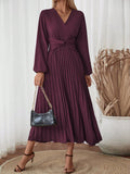 SHEIN Clasi Women Solid Color V-Neck Lantern Sleeve Twist Waist Pleated Hem Dress