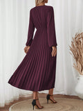 SHEIN Clasi Women Solid Color V-Neck Lantern Sleeve Twist Waist Pleated Hem Dress