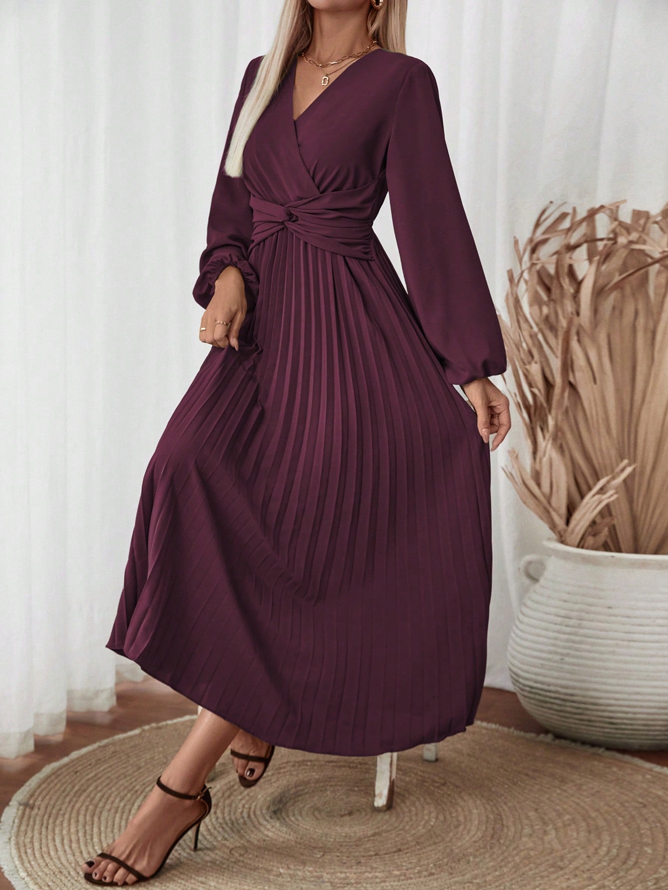 SHEIN Clasi Women Solid Color V-Neck Lantern Sleeve Twist Waist Pleated Hem Dress
