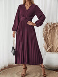 SHEIN Clasi Women Solid Color V-Neck Lantern Sleeve Twist Waist Pleated Hem Dress