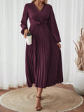 SHEIN Clasi Women Solid Color V-Neck Lantern Sleeve Twist Waist Pleated Hem Dress