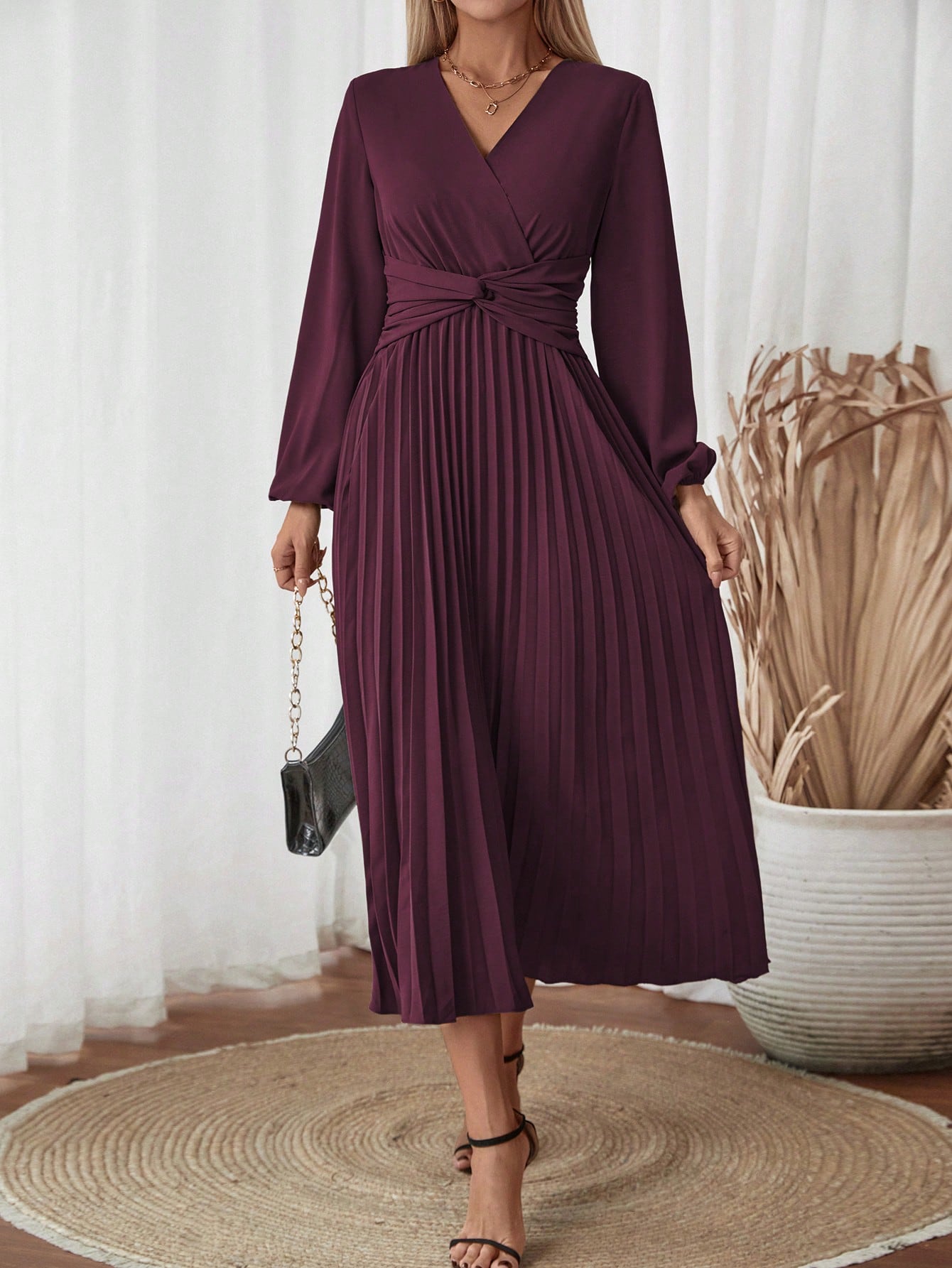 SHEIN Clasi Women Solid Color V-Neck Lantern Sleeve Twist Waist Pleated Hem Dress