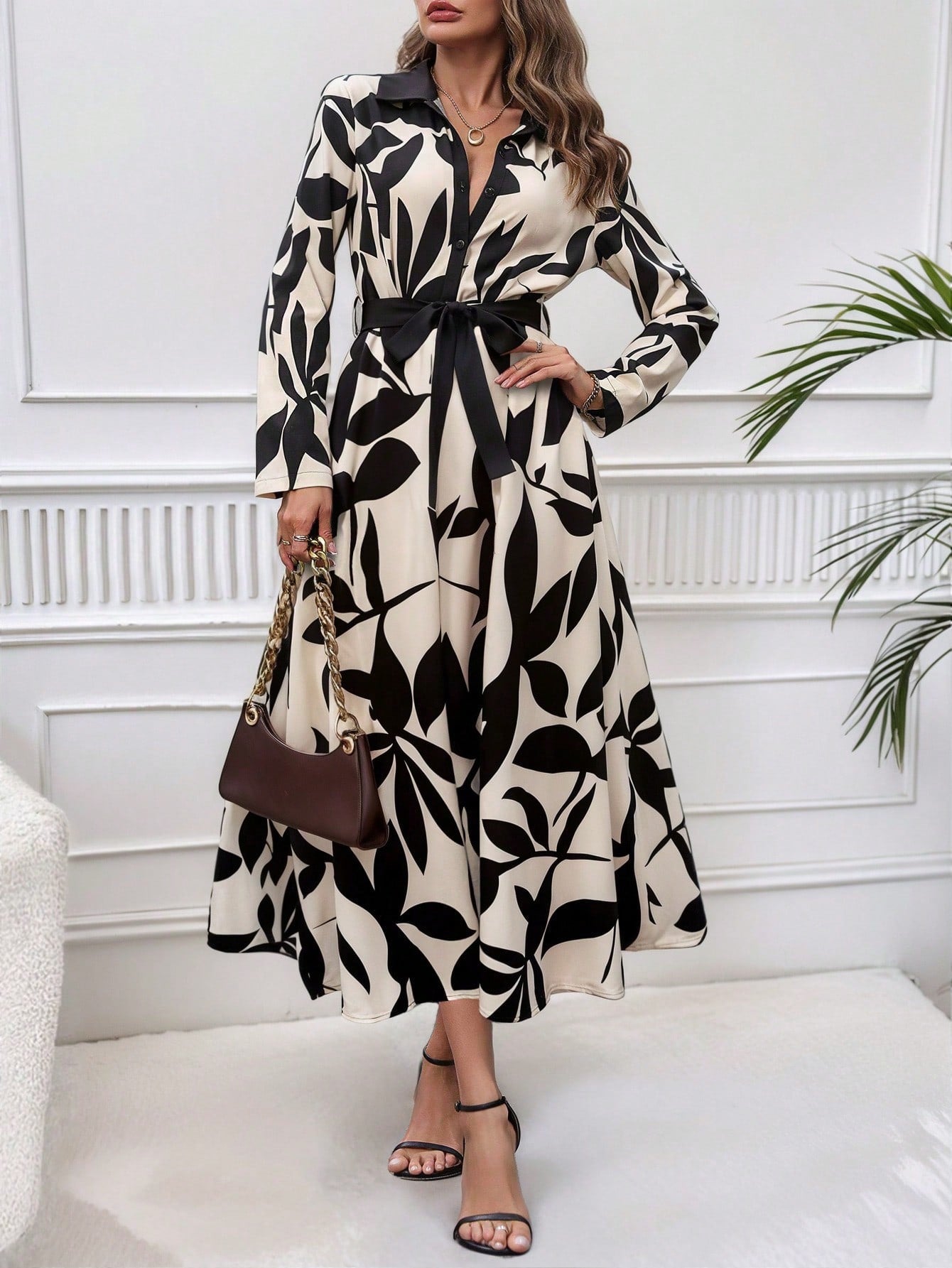 SHEIN Clasi Women's Contrast Color Printed Simple Casual Long Sleeve Dress