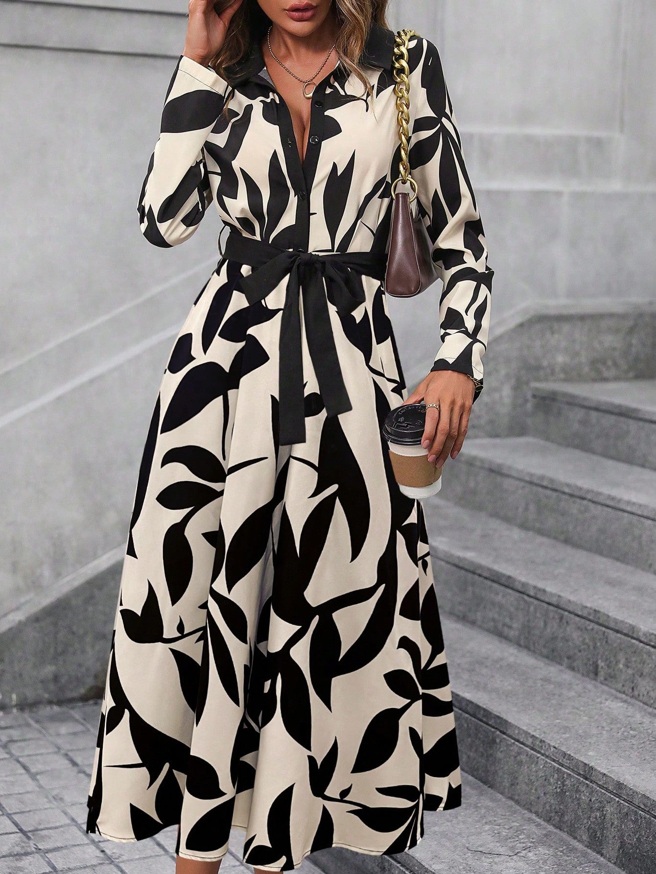 SHEIN Clasi Women's Contrast Color Printed Simple Casual Long Sleeve Dress