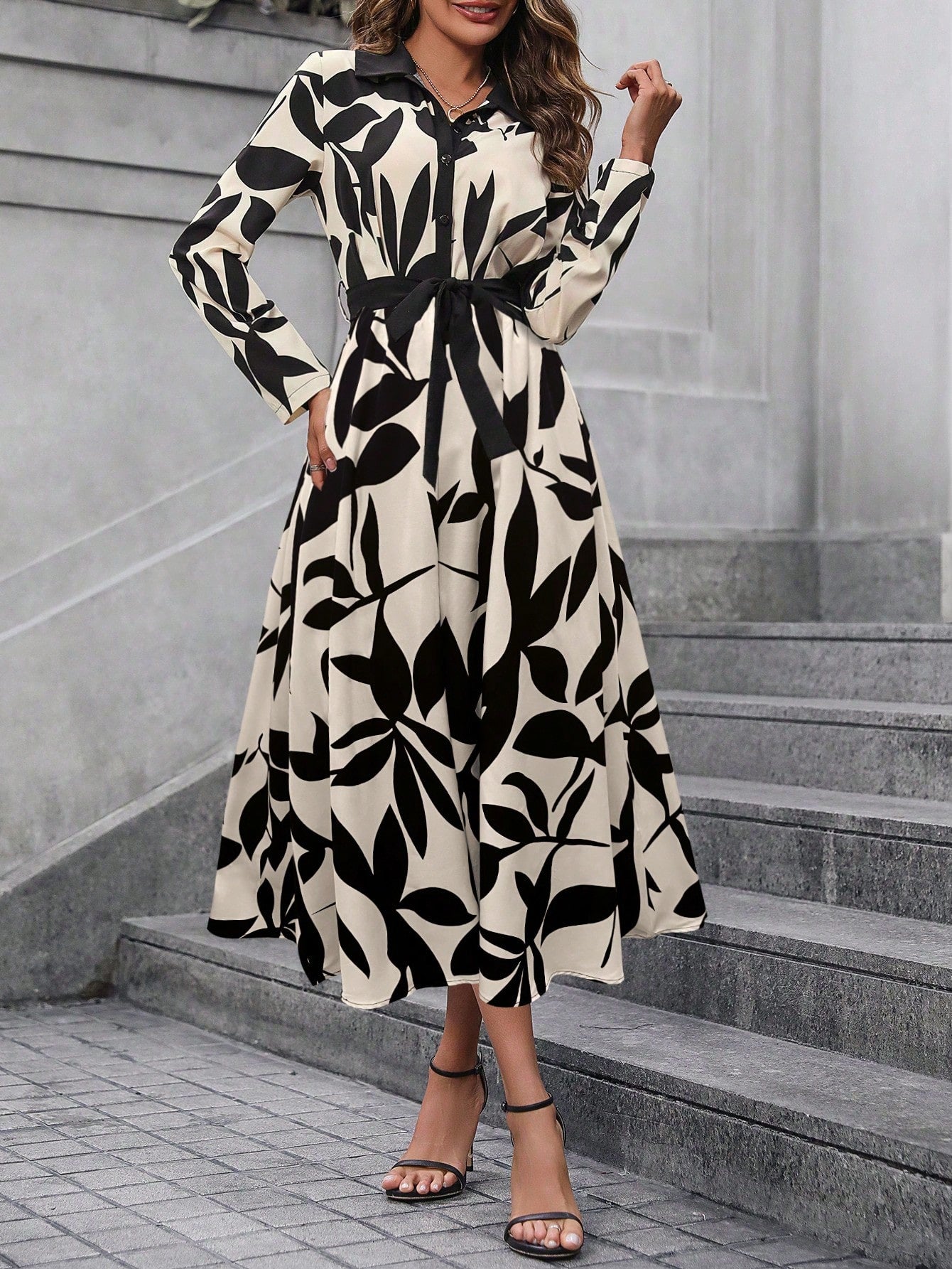 SHEIN Clasi Women's Contrast Color Printed Simple Casual Long Sleeve Dress