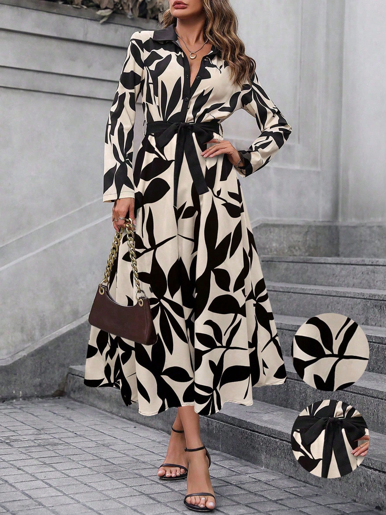 SHEIN Clasi Women's Contrast Color Printed Simple Casual Long Sleeve Dress