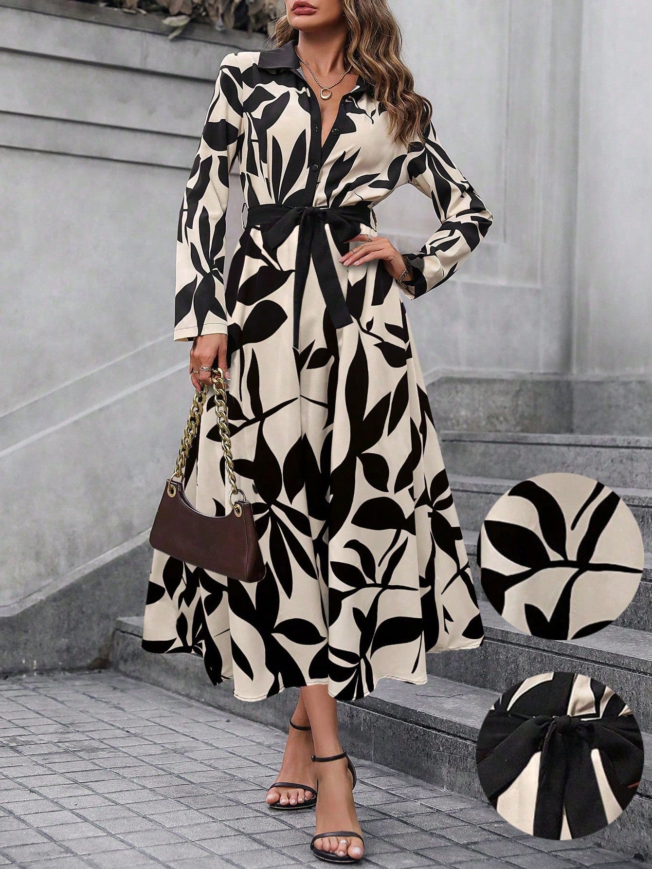 SHEIN Clasi Women's Contrast Color Printed Simple Casual Long Sleeve Dress