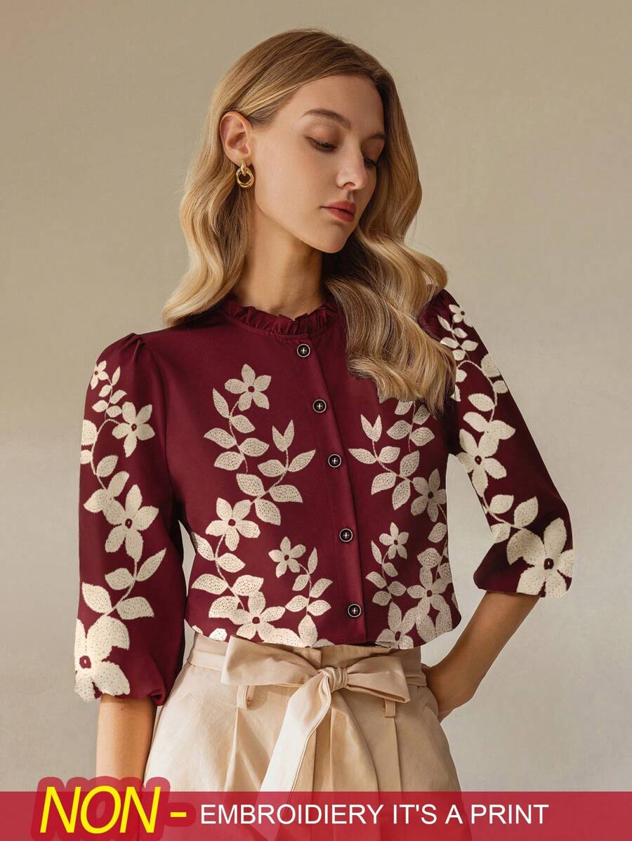 SHEIN Clasi Women's Elegant Commuting Floral Print Puff Sleeve Blouse