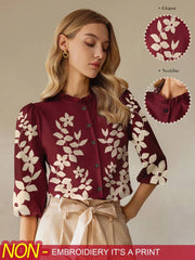 SHEIN Clasi Women's Elegant Commuting Floral Print Puff Sleeve Blouse