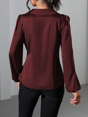SHEIN Clasi Women's Shiny Fabric Shirt With Side Tie And Puff Sleeve