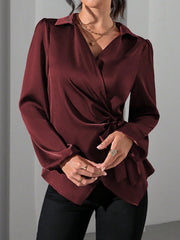 SHEIN Clasi Women's Shiny Fabric Shirt With Side Tie And Puff Sleeve