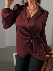 SHEIN Clasi Women's Shiny Fabric Shirt With Side Tie And Puff Sleeve