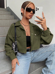 Flap Detail Drop Shoulder Crop Corduroy Jacket