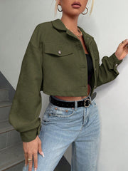 Flap Detail Drop Shoulder Crop Corduroy Jacket