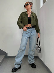 Flap Detail Drop Shoulder Crop Corduroy Jacket