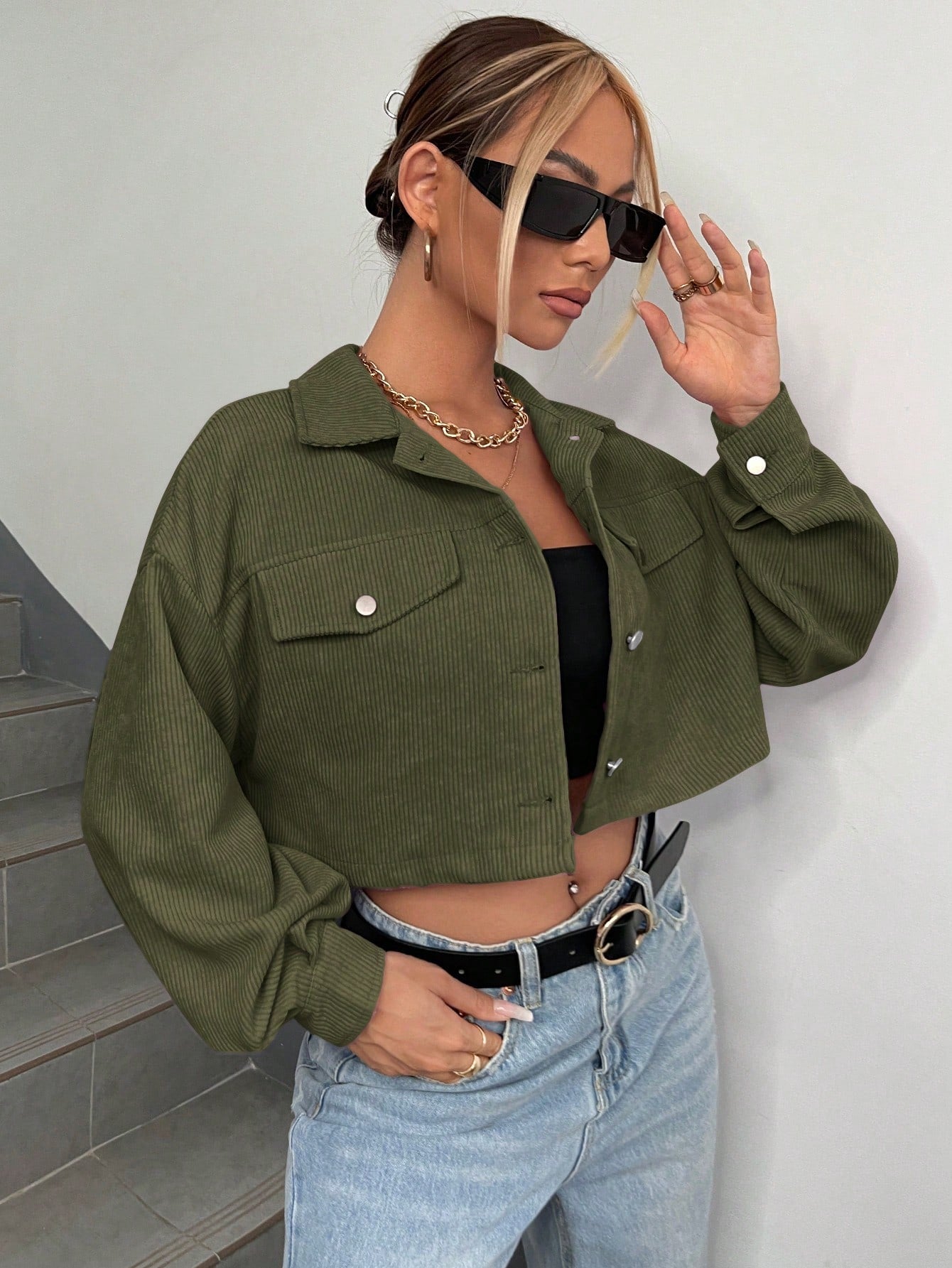 Flap Detail Drop Shoulder Crop Corduroy Jacket