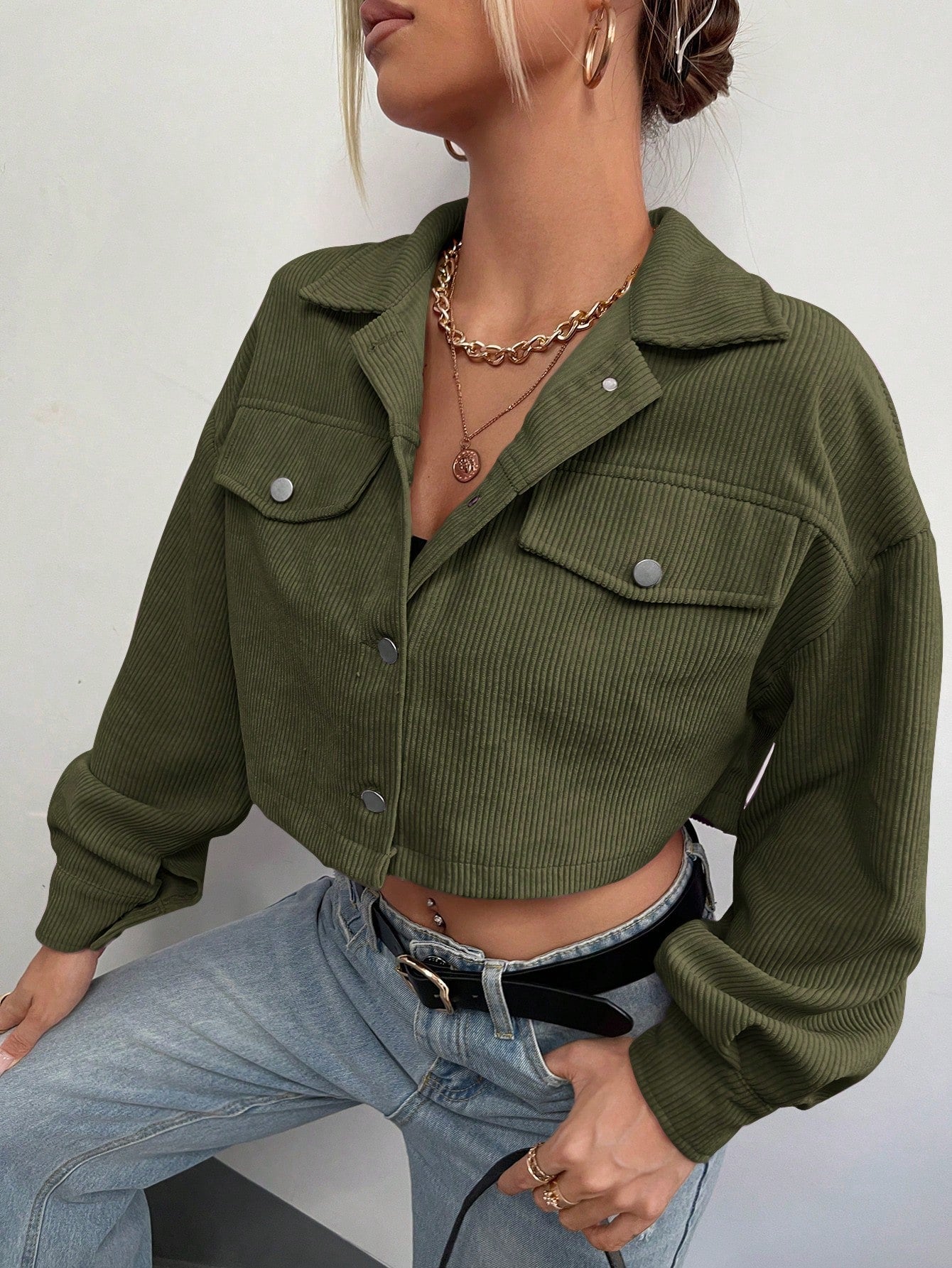 Flap Detail Drop Shoulder Crop Corduroy Jacket
