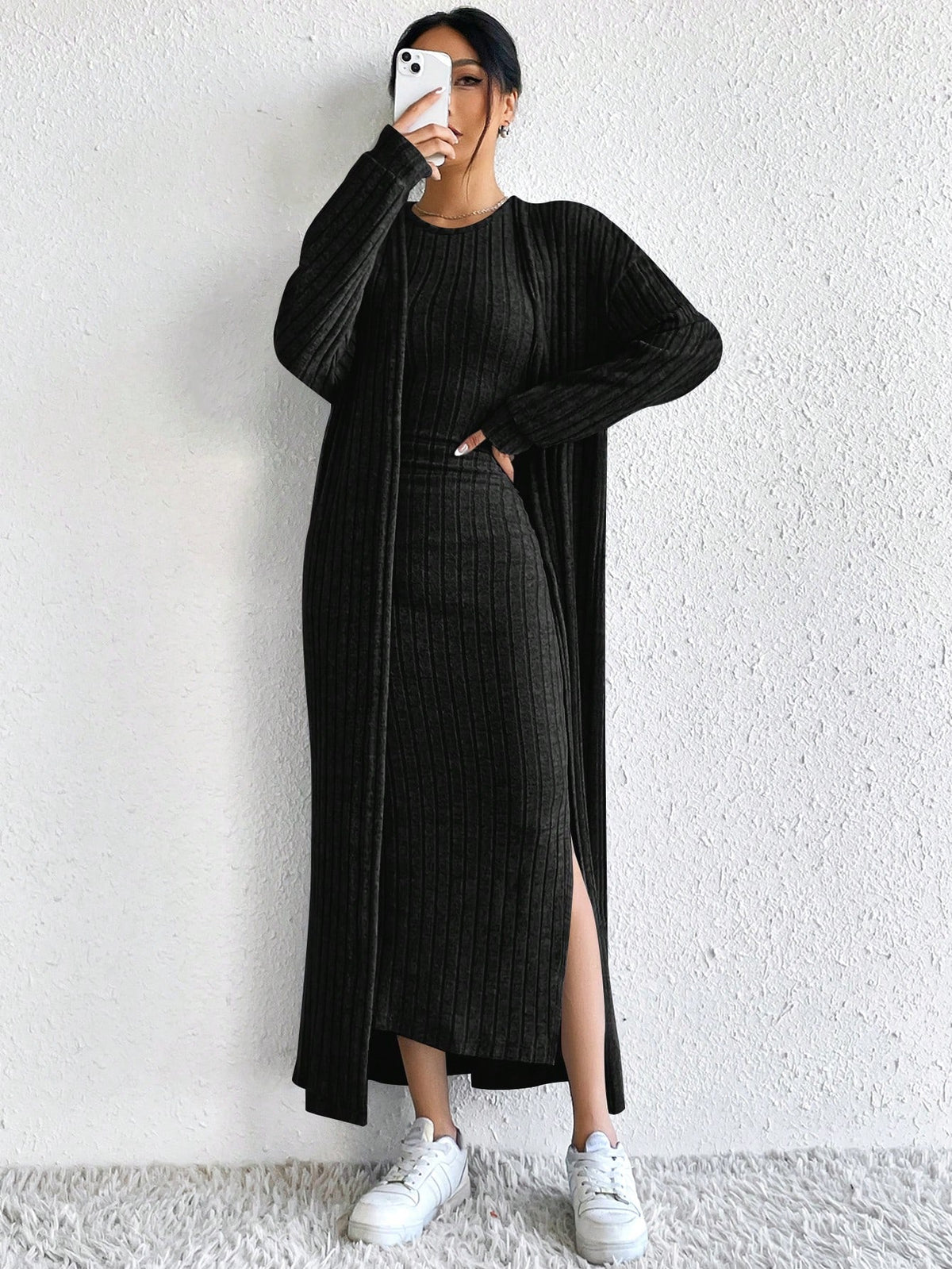 SHEIN EZwear Women's Long Sleeve Knitted Cardigan And Sleeveless Dress Set