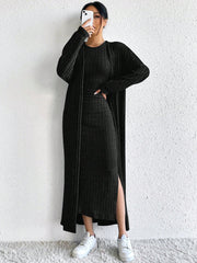 SHEIN EZwear Women's Long Sleeve Knitted Cardigan And Sleeveless Dress Set