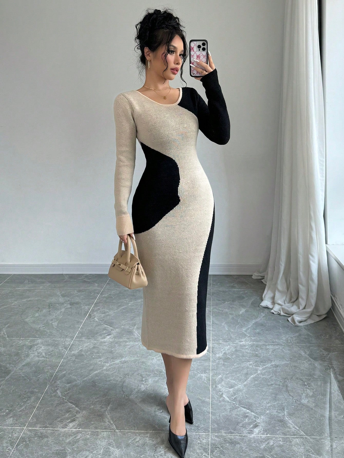 shein sweater dress Modely Turtle Neck Gigot Sleeve Belted | Dress SHEIN Priv Solid Cable Knit