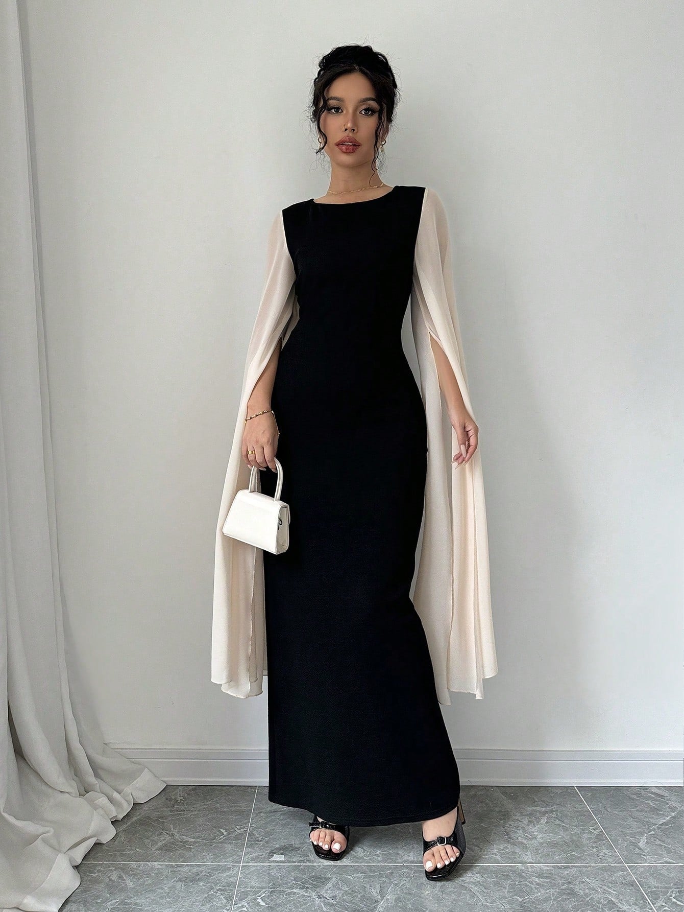 SHEIN Elenzya Women's Round Neck Long Sleeve Slit Color Blocking Fitted Dress