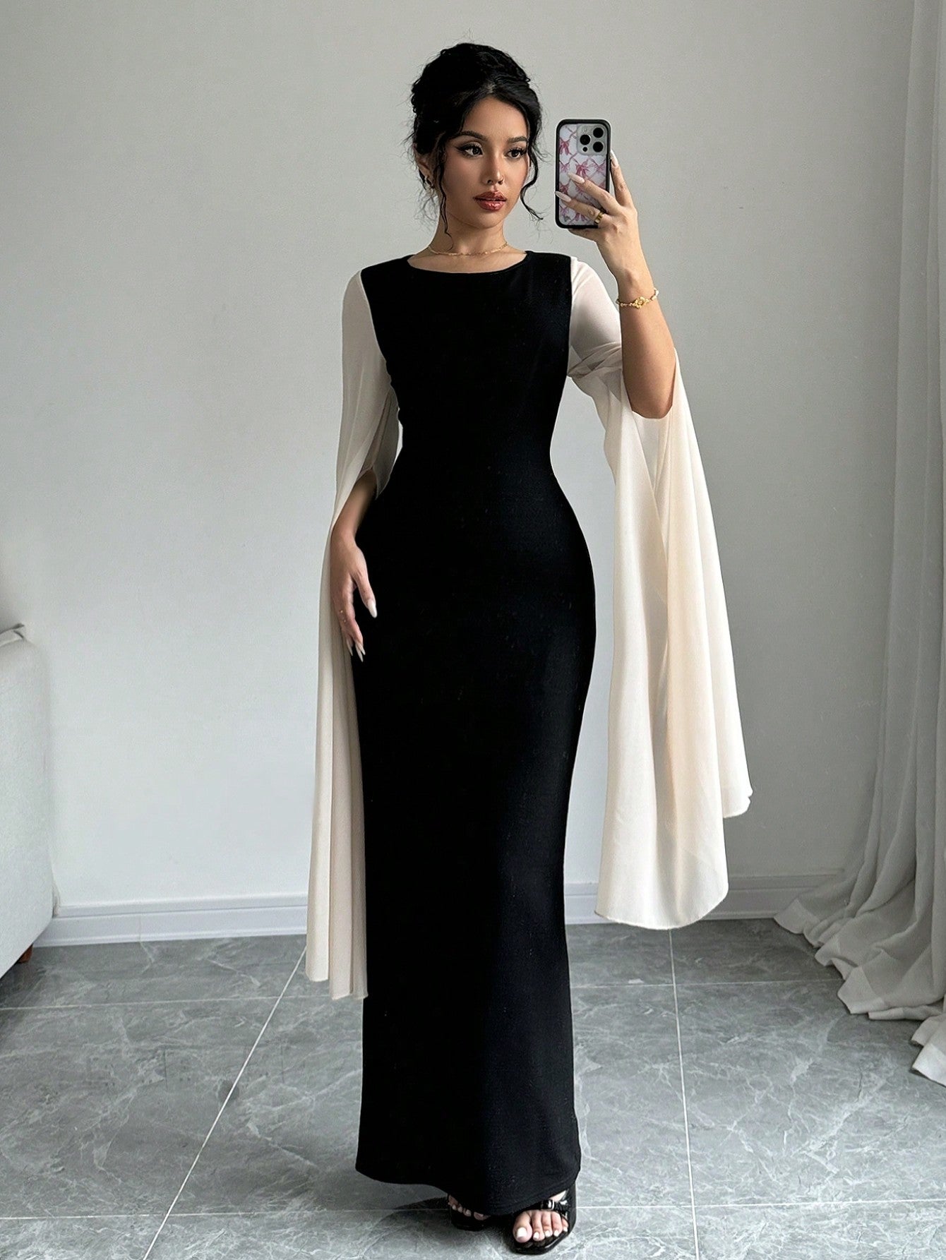SHEIN Elenzya Women's Round Neck Long Sleeve Slit Color Blocking Fitted Dress