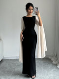 SHEIN Elenzya Women's Round Neck Long Sleeve Slit Color Blocking Fitted Dress